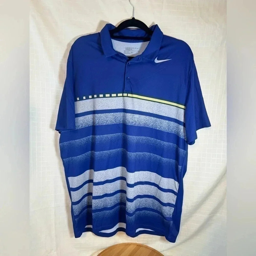 Nike Golf Polo Shirt Mens XL Blue Striped Short Sleeve Dri-Fit Stretch